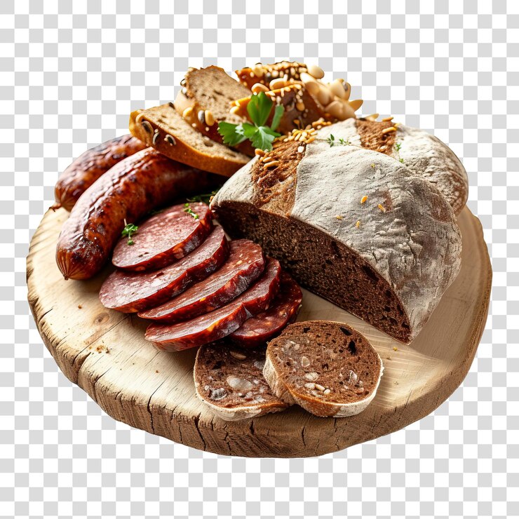PSD pan negro con salchicha colocado en una tabla de cortar de madera aislada sobre un fondo transparente png
