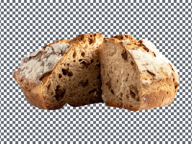 Pan de pan marrón recién horneado con una rebanada cortada aislada sobre un fondo transparente