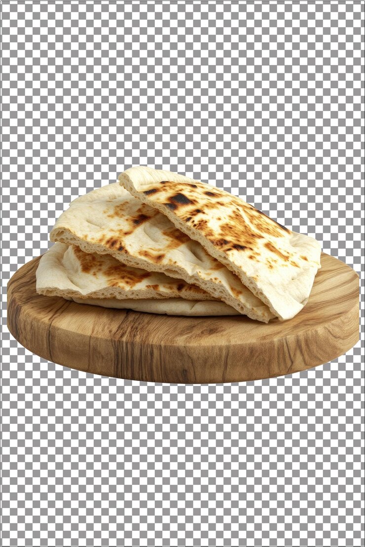 Pan de pita en una madera Un pedazo de pan de pita colocado en una superficie de madera Hiperrealista