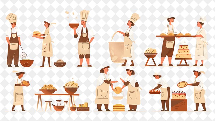PSD panadero caprichoso con personajes kneading masa y decoratin png gente en la ilustración de trabajo diario