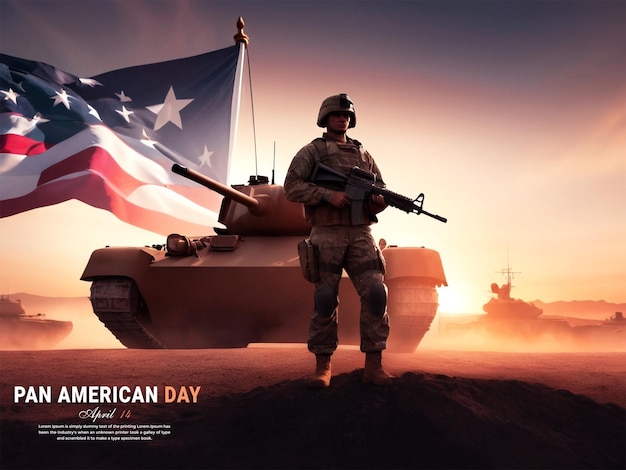 PSD panamerikanischer tag mit stehenden soldaten amerikanische flagge im hintergrund design