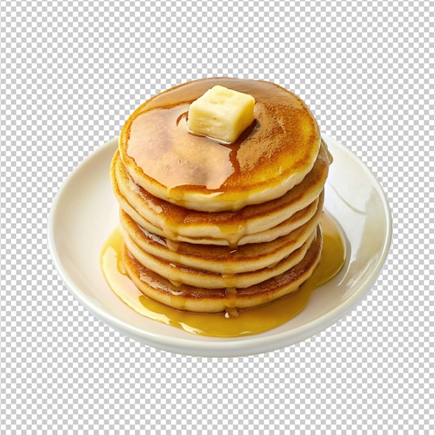 pancake con burro e sciroppo di miele su uno sfondo bianco