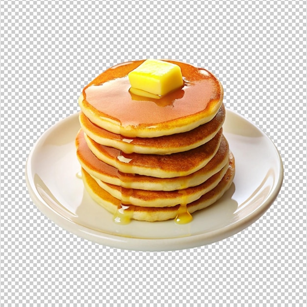 pancake con burro e sciroppo di miele su uno sfondo bianco