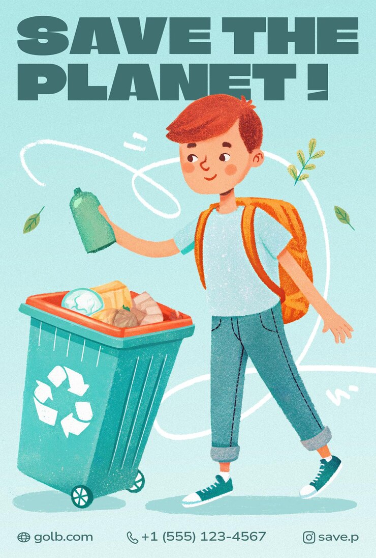 pancarta con una ilustración dibujada a mano de un escolar entregando basura para su reciclaje