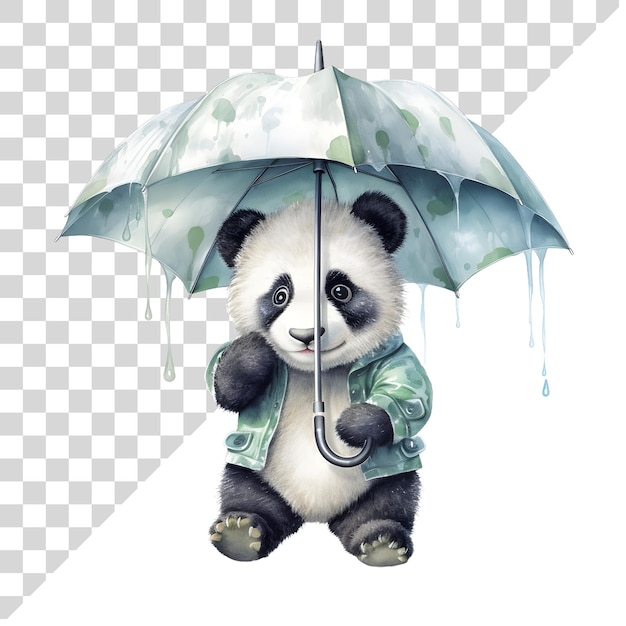 Panda de acuarela de dibujos animados con paraguas en un fondo transparente