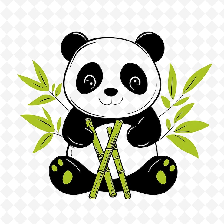PSD panda adorable avec des pousses de bambou étalées illustration plate en noir et blanc personnage mignon