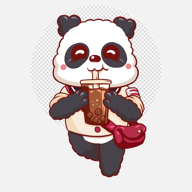 Panda bonito bebendo ilustração de desenhos animados de chá de leite boba