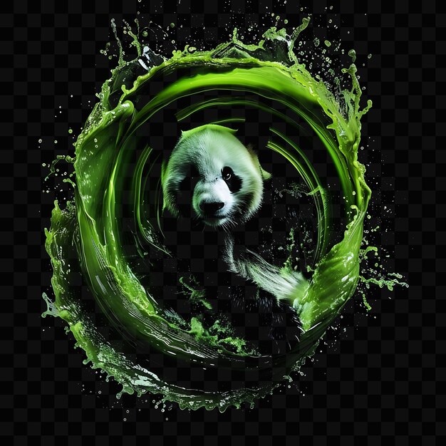 PSD un panda avec une coloration verte et verte est entouré de liquide vert