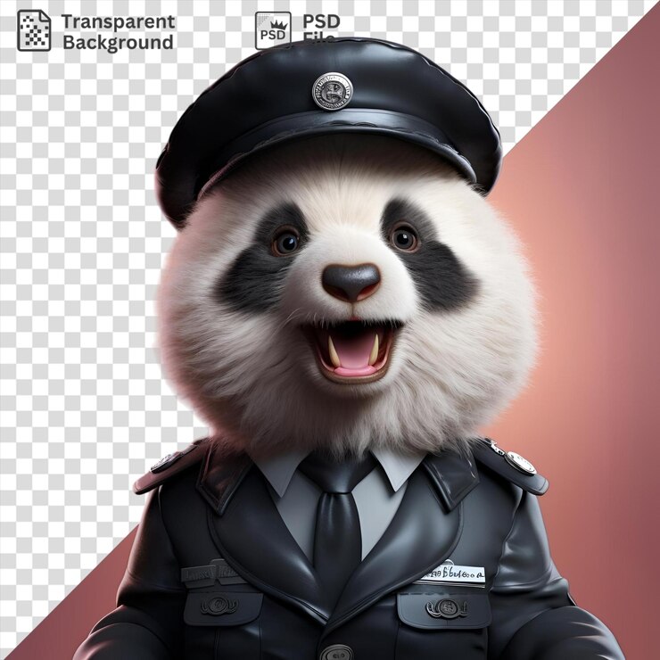 PSD panda cool funky en un uniforme de oficial de policía con un sombrero negro gris y corbata negra y chaqueta negra de pie frente a una pared rosa con la boca abierta y la lengua rosa