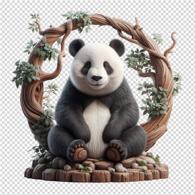 PSD un panda est assis sur une plateforme en bois avec une branche d'arbre en arrière-plan