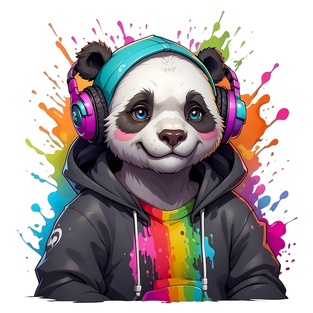 Panda frio vestindo jaqueta e fones de ouvido ouvindo música salpicos coloridos no fundo