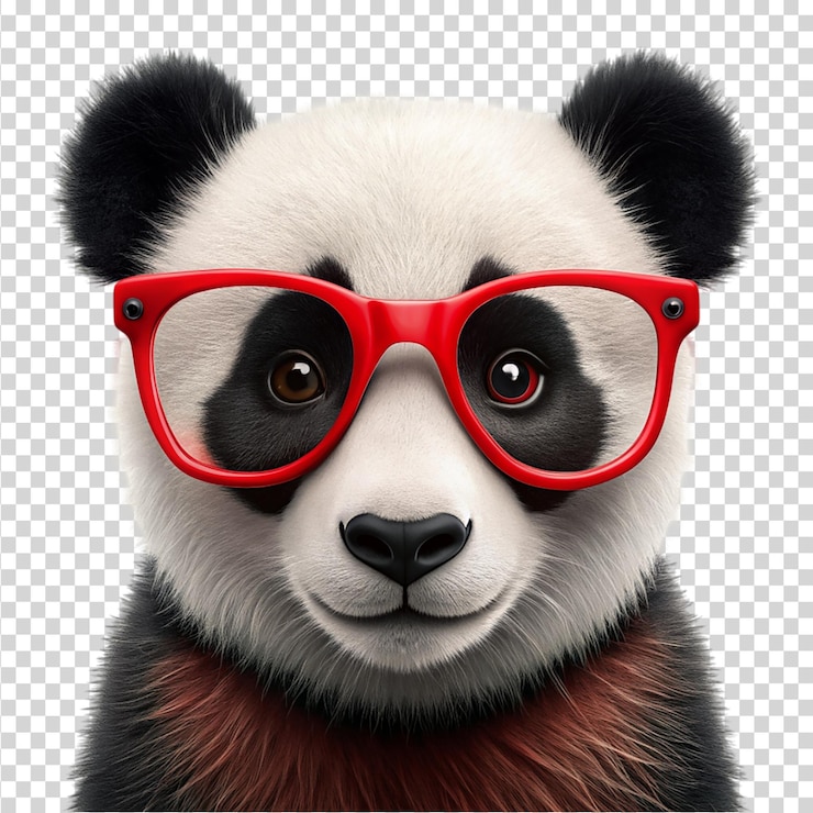 PSD panda con gafas rojas aislado sobre un fondo transparente