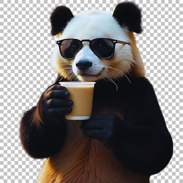 PSD un panda con gafas de sol y una taza de café en la mano