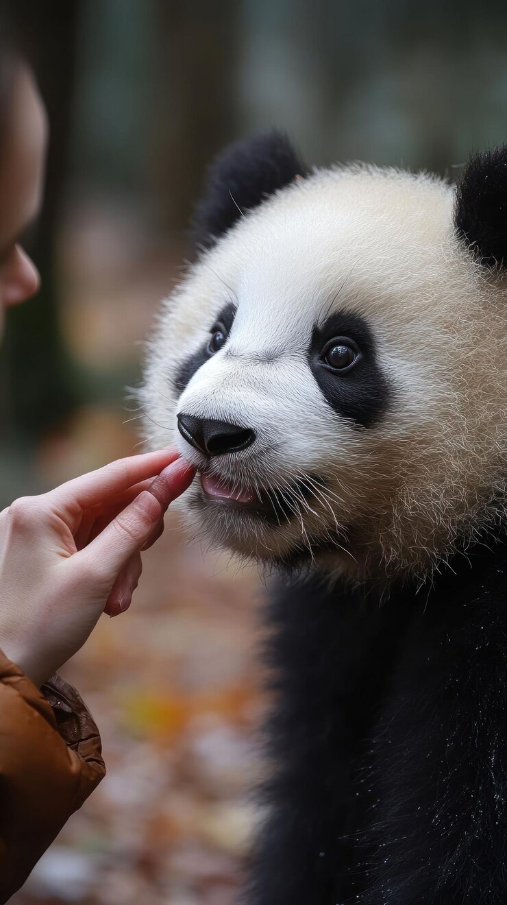 PSD un panda joven está siendo alimentado a mano por una persona en un bosque