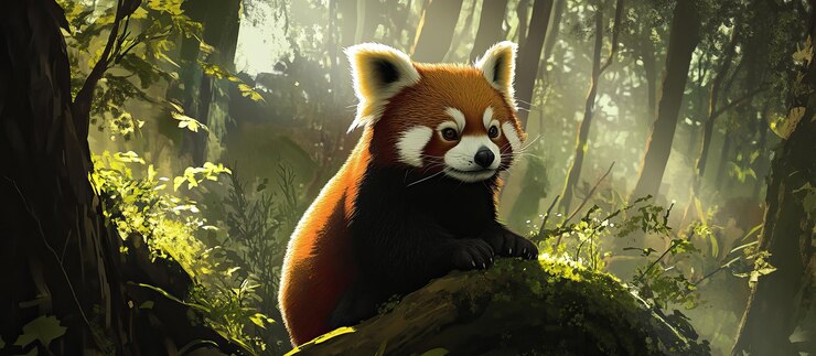PSD panda rojo en un bosque soleado