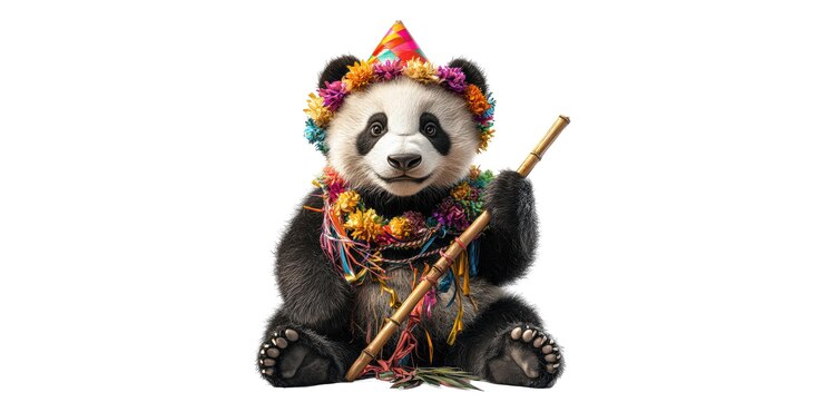 PSD panda con sombrero de fiesta sosteniendo un palo rodeado de flores aisladas en un fondo transparente