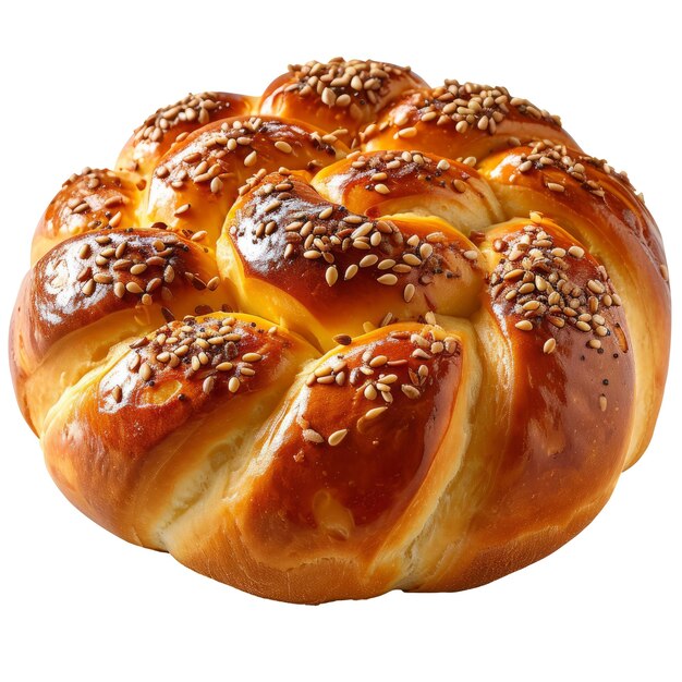 Pane Challah intrecciato d'oro adornato con semi di sesamo AI generativa.