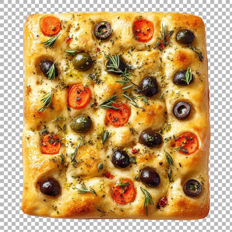 PSD pane focaccia italiano con olive e carote isolato su uno sfondo trasparente per la fotografia di pane culinario o cucina italiana