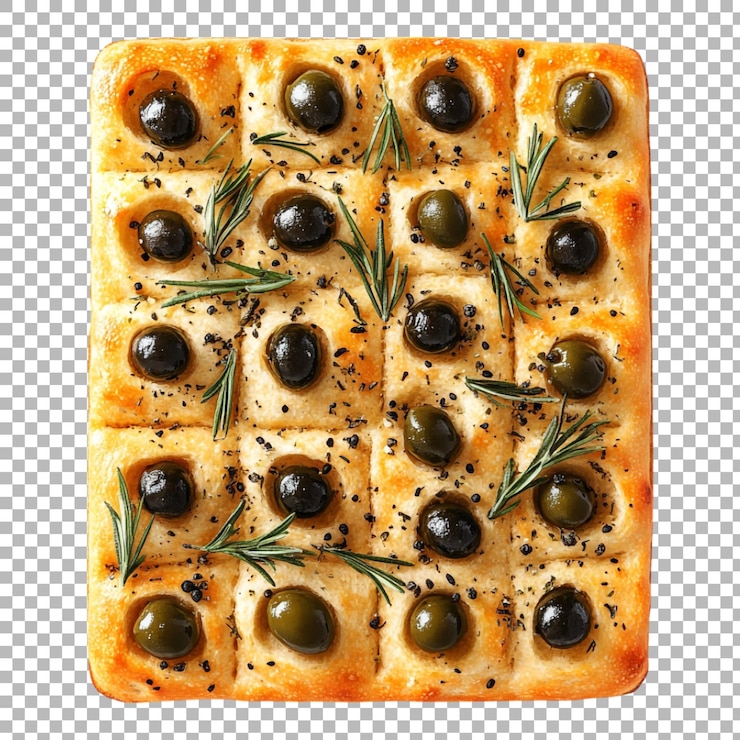 PSD pane focaccia italiano con olive e carote isolato su uno sfondo trasparente per la fotografia di pane culinario o cucina italiana