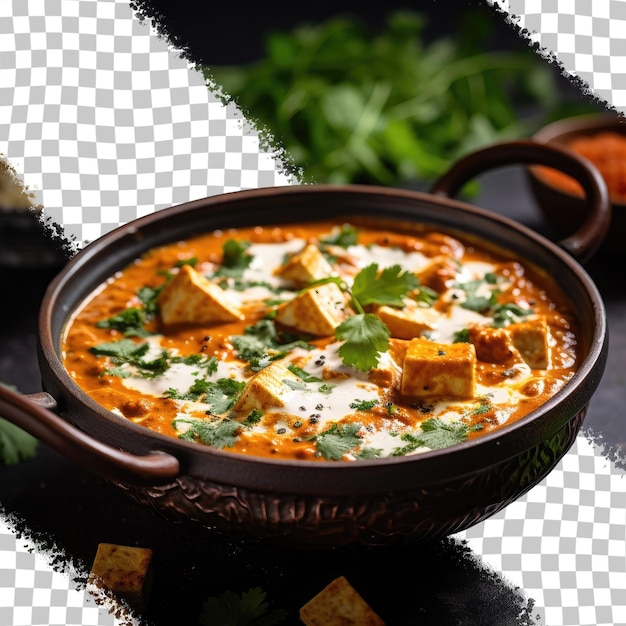 PSD paneer butter masala servido en un tazón con crema y cilantro sobre un fondo transparente