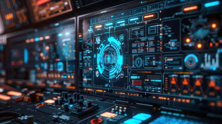 PSD panel de control futurista con interfaz holográfica y visualizaciones de datos