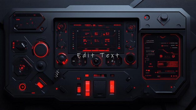 Panel de control futurista rojo oscuro y negro con pantalla digital y varios botones y botones