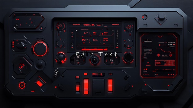Panel de control futurista rojo oscuro y negro con pantalla digital y varios botones y botones