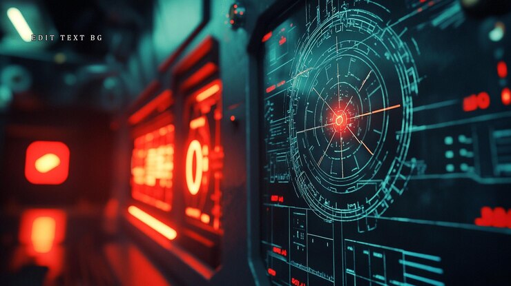 PSD panel de control de nave espacial futurista con pantallas digitales rojas y azules y sistema de orientación