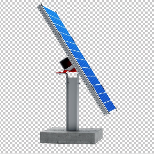 Panel solar fotovoltaico 3D con reflejo azul en una base de acero y hormigón suspendida transparente B