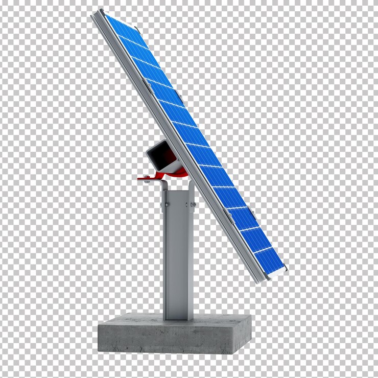 PSD panel solar fotovoltaico 3d con reflejo azul en una base de acero y hormigón suspendida transparente b