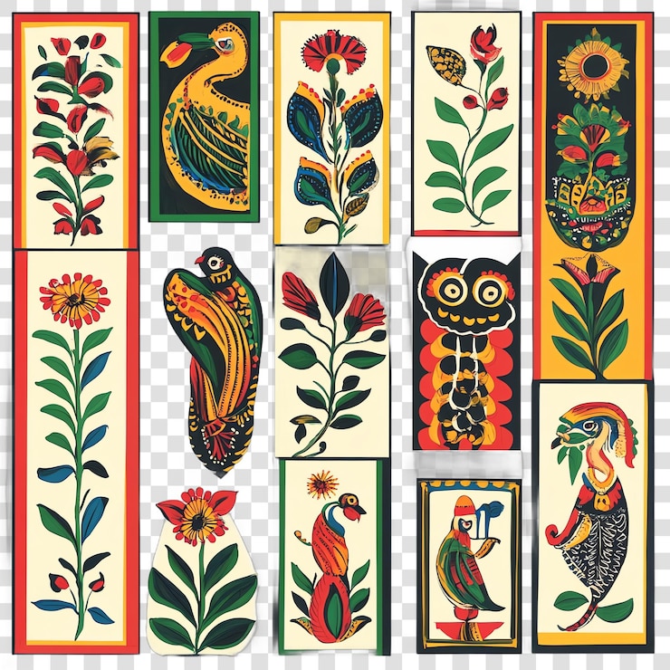 PSD paneles de arte madhubani pintados a mano aislados sobre un fondo transparente