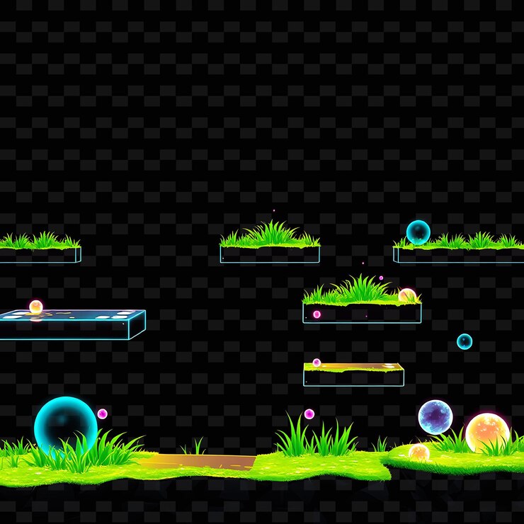 PSD los paneles de plexiglas de píxeles los campos de energía la hierba de neón los orbes flotantes el suelo está compuesto por activos de juego