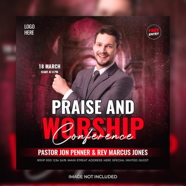 Panfleto de conferência de adoração da igreja postagem de mídia social e banner da web do instagram