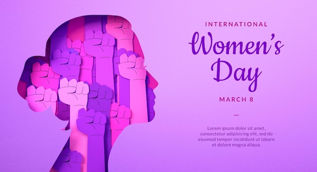 Panfleto do dia das mulheres com silhueta de mulher e punhos dentro em estilo de corte de papel e espaço de cópia