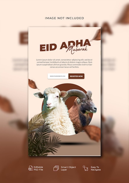 PSD panfleto eid adha com ícone redondo de ovelhas e cabras
