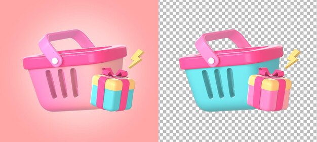 PSD panier d'achat 3d avec cadeau et illustration d'icône flash