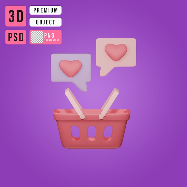 PSD panier avec illustration de chat d'amour 3d