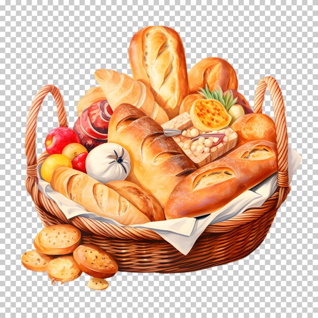 PSD panier d'illustration avec du pain sur un fond transparent