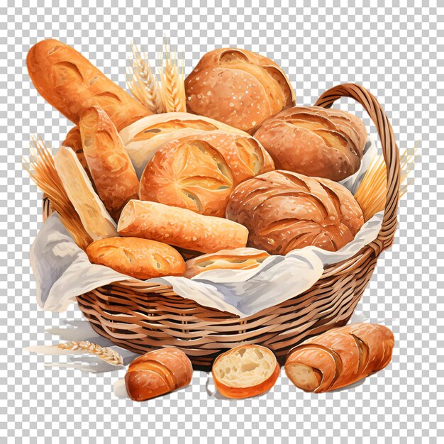 PSD panier d'illustration avec du pain sur un fond transparent