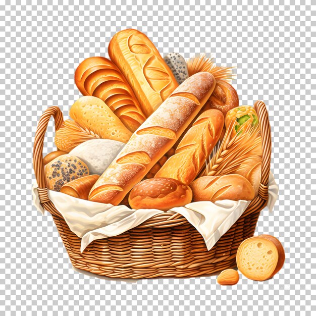 PSD panier d'illustration avec du pain sur un fond transparent