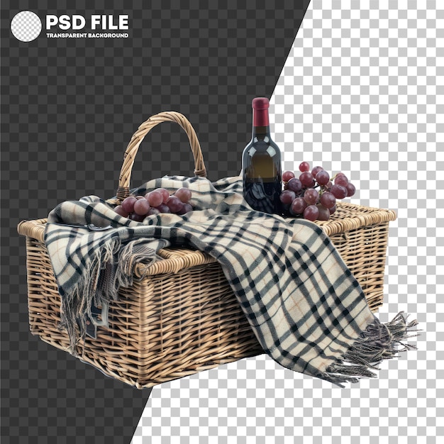 Un panier de pique-nique avec une bouteille de vin et une couverture à carreaux