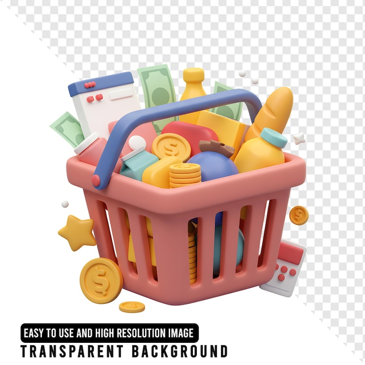 PSD un panier rempli d'épiceries, d'argent et de pièces.