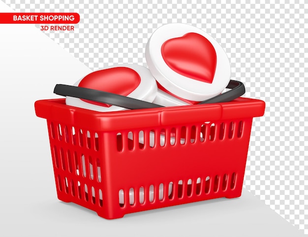 Panier De Supermarché Rouge Avec Coeur En Rendu 3d Avec Fond Transparent