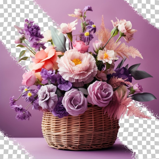 PSD panier violet avec un superbe bouquet fond transparent amplement d'espace