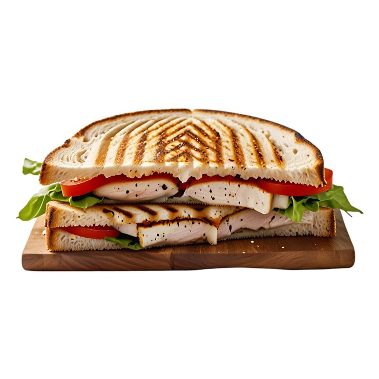 Un panini de pavo a la parrilla aislado en un fondo transparente