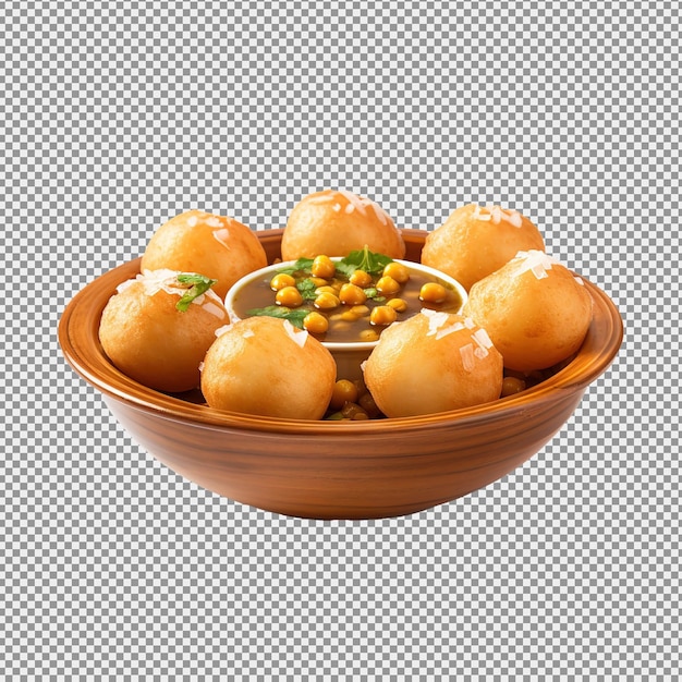 PSD panipuri oder golgappa ist eine art snack, ein indischer snack mit scharfem chutney auf weißem hintergrund.