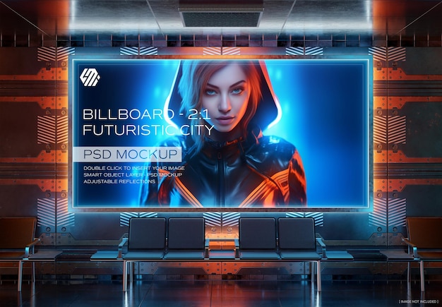 PSD un panneau d'affichage panoramique cyberpunk dans une gare futuriste