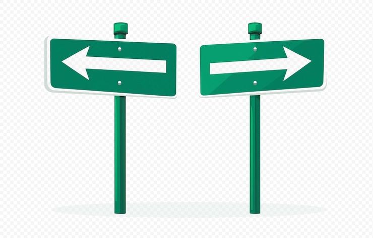 PSD un panneau de rue vert avec deux flèches pointant dans des directions différentes sur un fond transparent