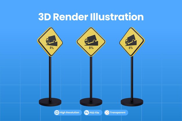 PSD panneaux de signalisation de rendu 3d du panneau d'avertissement du triangle jaune route en descente 8% de trafic de camions