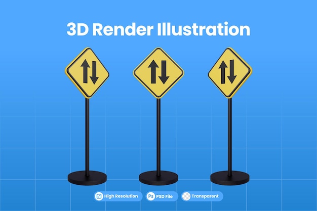 PSD panneaux de signalisation de rendu 3d du panneau d'avertissement du triangle jaune symbole du trafic bidirectionnel trafic premium psd